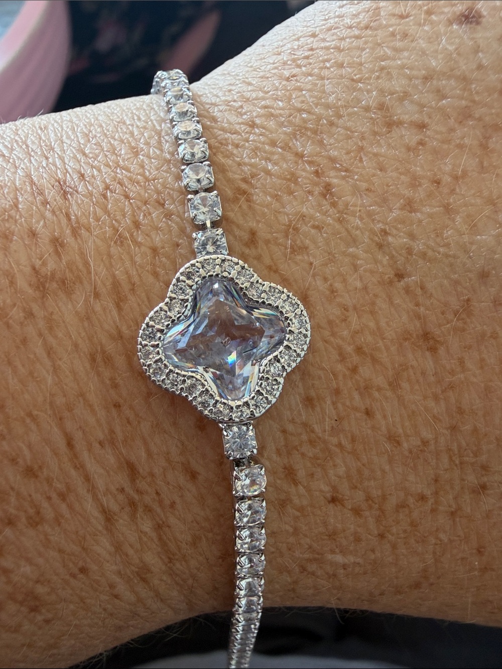 Silver Crystal Clover Tennis Bracelet - Clear Crystal Accent